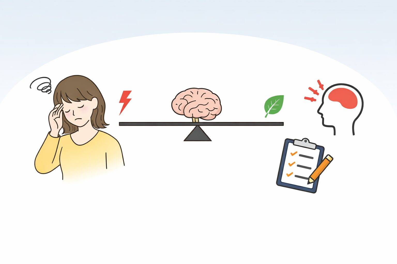 頭を押さえてつらそうな女性と、バランスを崩した脳のイラストが並ぶ、自律神経の乱れをイメージしたシンプルな図