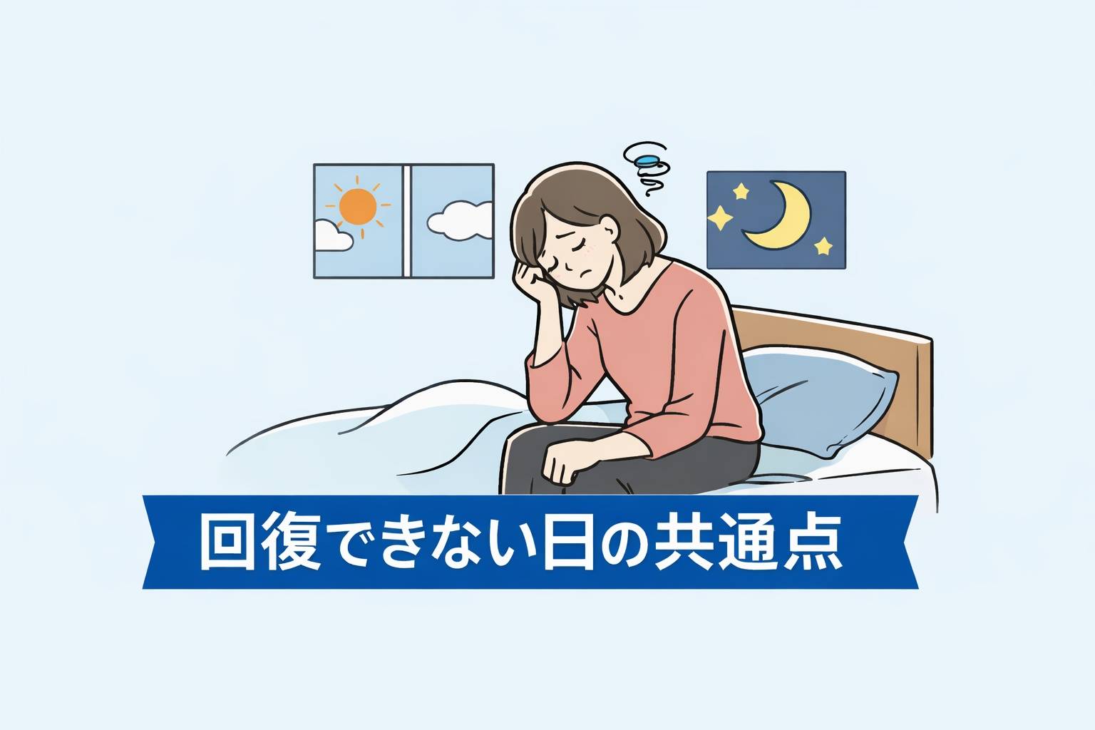 休んだのに体調が戻らず、ベッドに座って疲れた様子の女性のイラスト。昼と夜の窓が描かれ、回復できない日のイメージ。