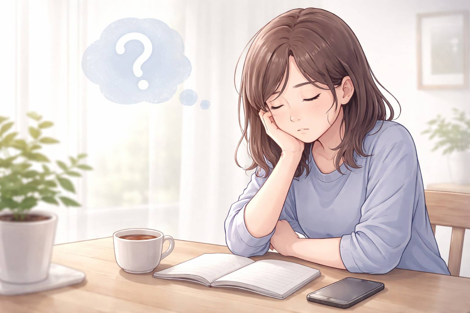 体調が悪く悩みながら机に座る女性のイラスト。ノートとスマートフォンを前に考え込んでいる様子。