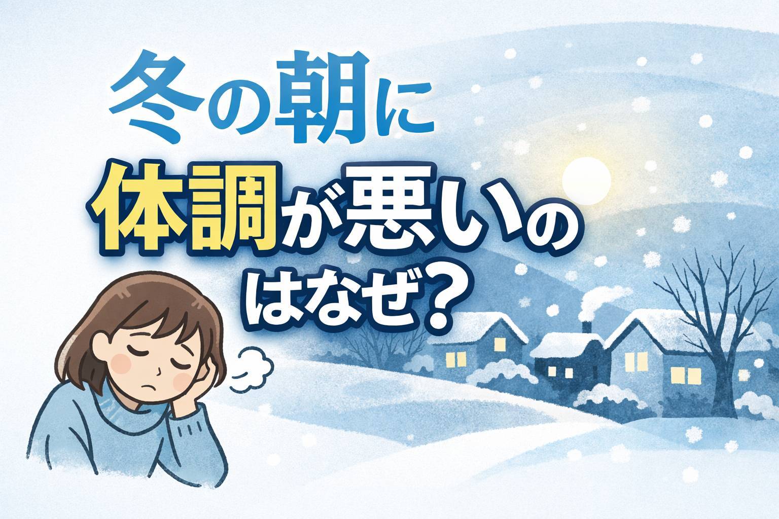 冬の朝に体調が悪い理由をイメージした、寒さでつらそうな女性のイラスト