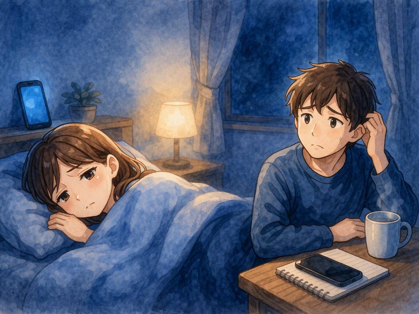 疲れている様子の男女が寝室でそれぞれ不安そうに過ごしている様子のイラスト。ベッドで横になる女性と、机で悩む男性が描かれ、回復できない疲れや不調をイメージさせる。