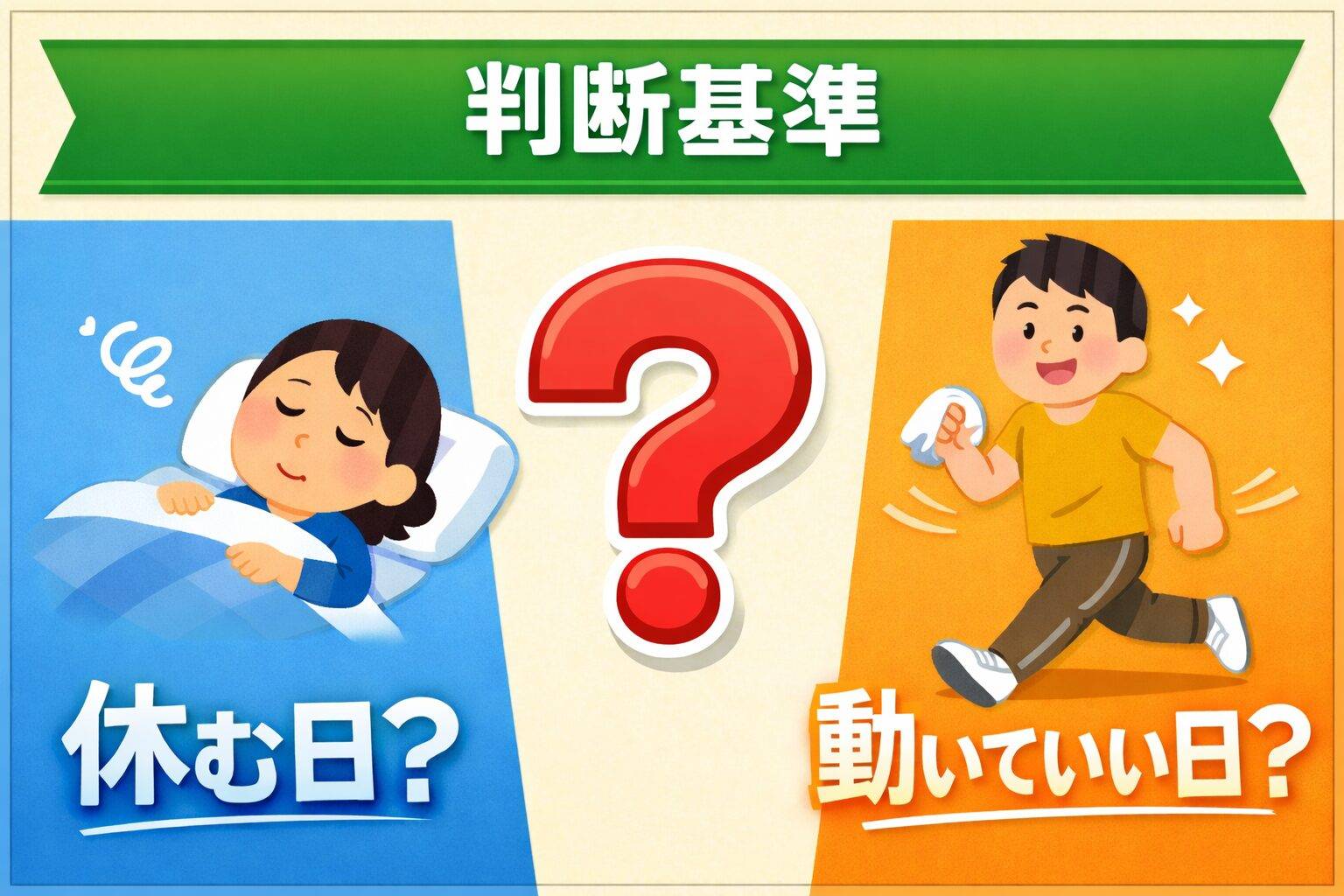 体調の判断基準をイメージしたイラスト。休む日か動いていい日かを迷う様子を表現したサムネイル画像