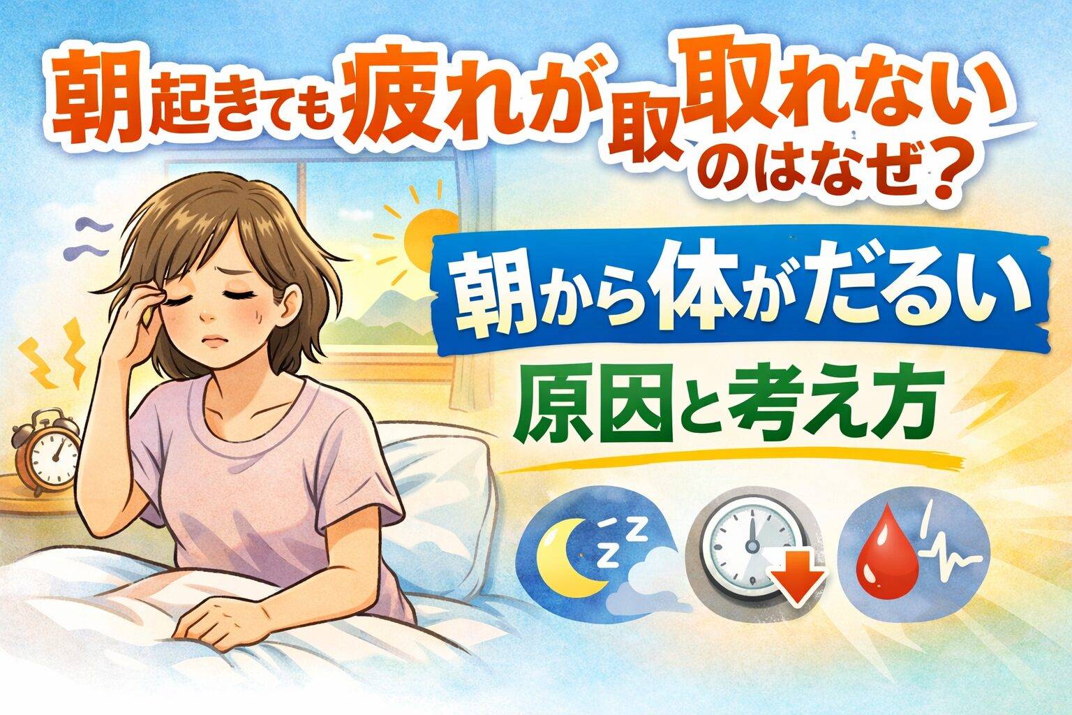 朝起きても疲れが取れず、朝から体がだるい様子をイメージしたイラスト