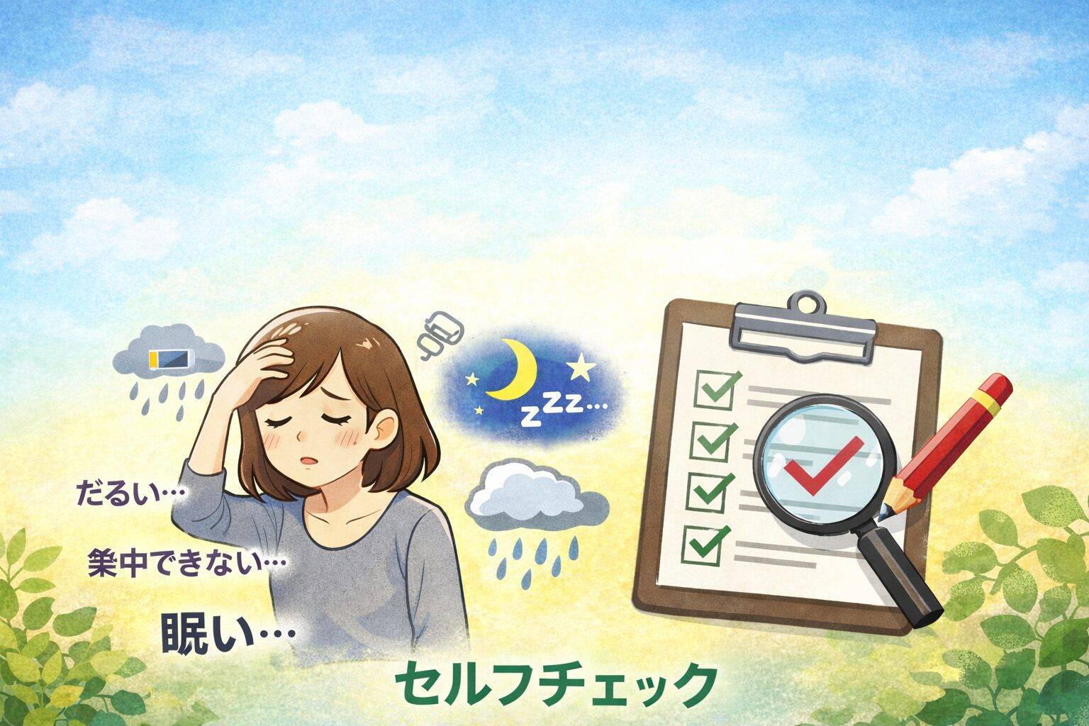 体調が崩れる前のサインをセルフチェックするイメージイラスト。だるさや眠気などの不調とチェックリストを表現