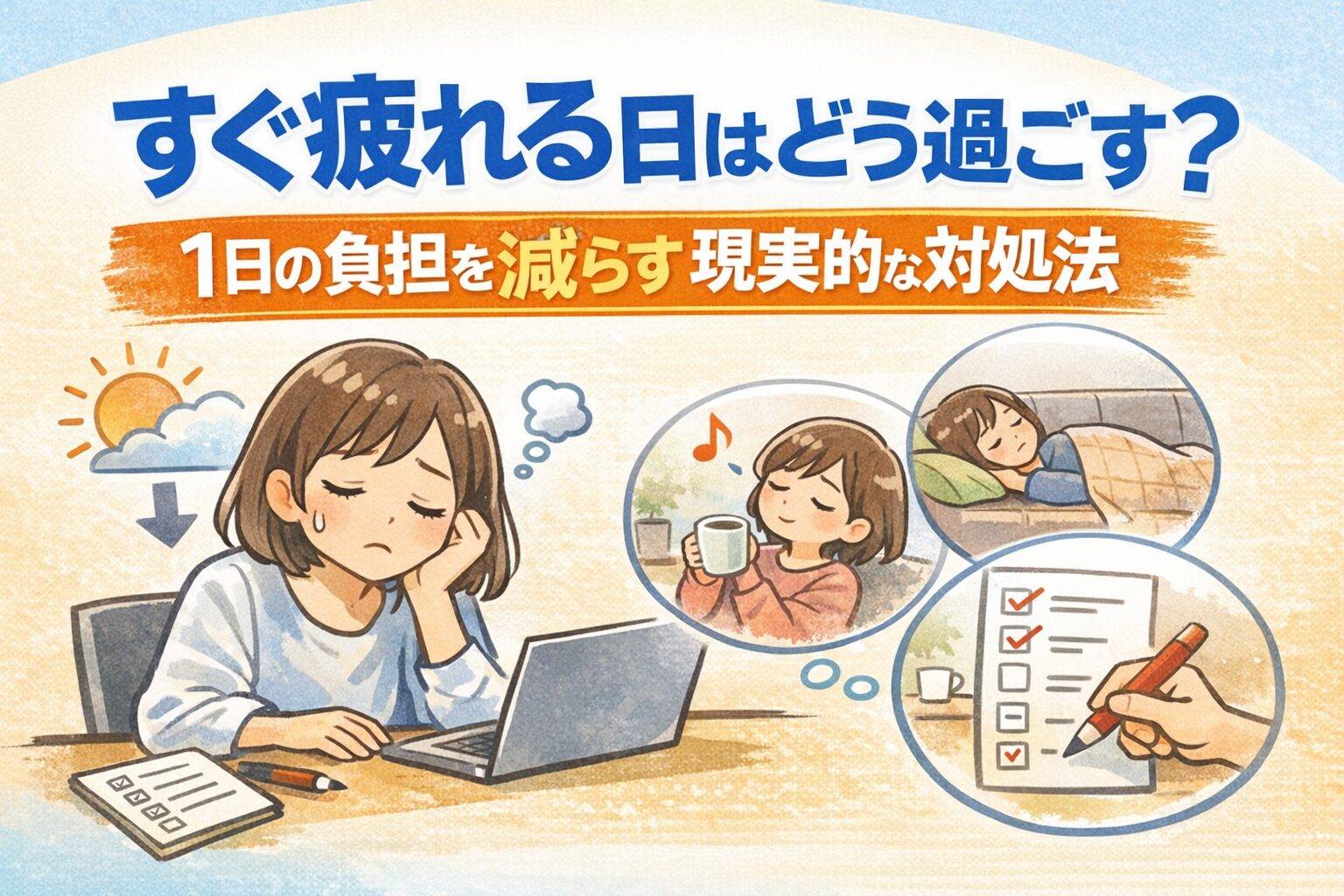 すぐ疲れる日に悩む女性と、休む・軽く動く・やることを減らす様子を表したイラスト