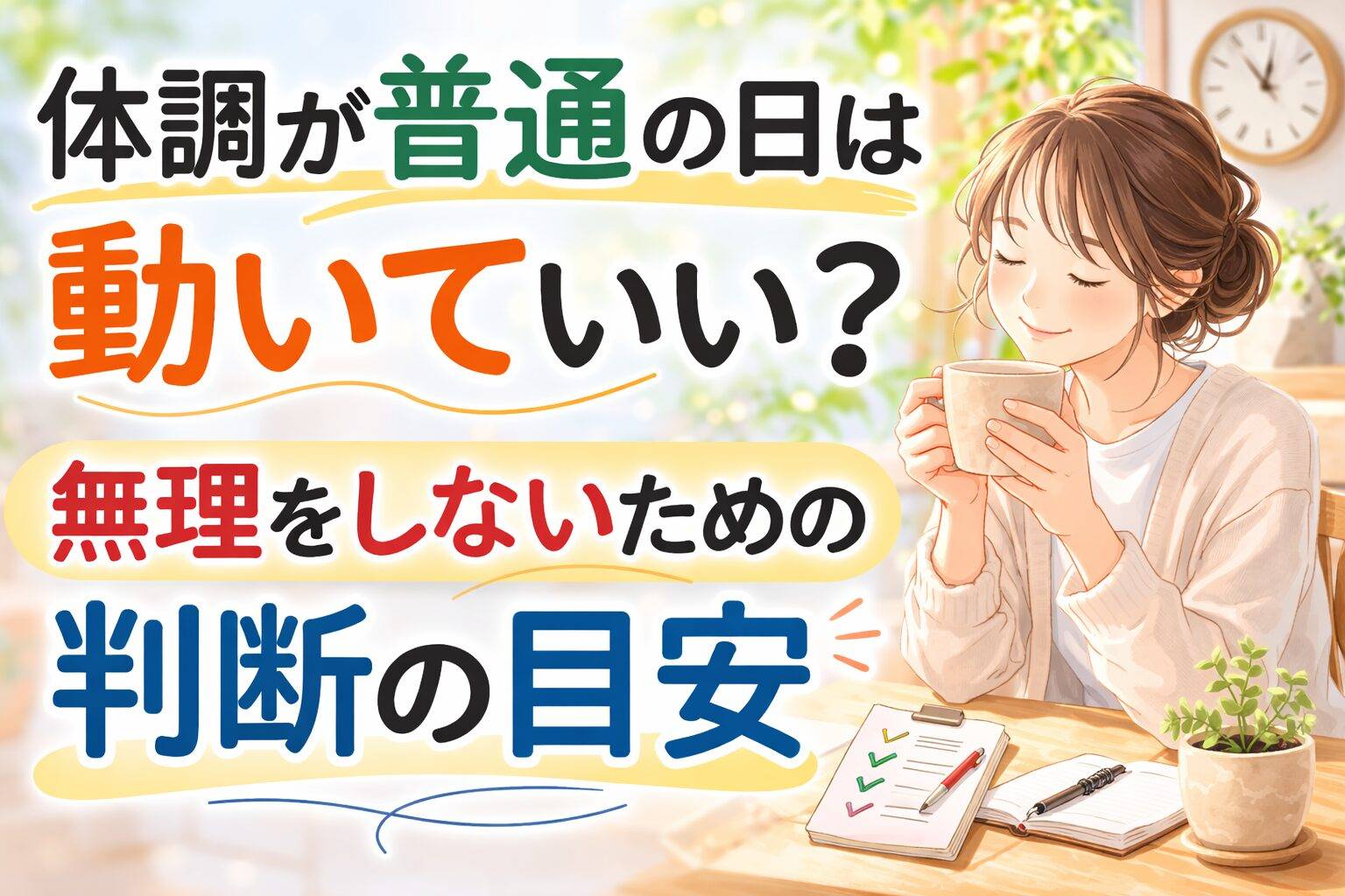 体調が普通の日は動いていい？無理をしないための判断の目安を解説する記事のアイキャッチ画像。お茶を飲みながら落ち着いた様子の女性とチェックリストのイラスト。