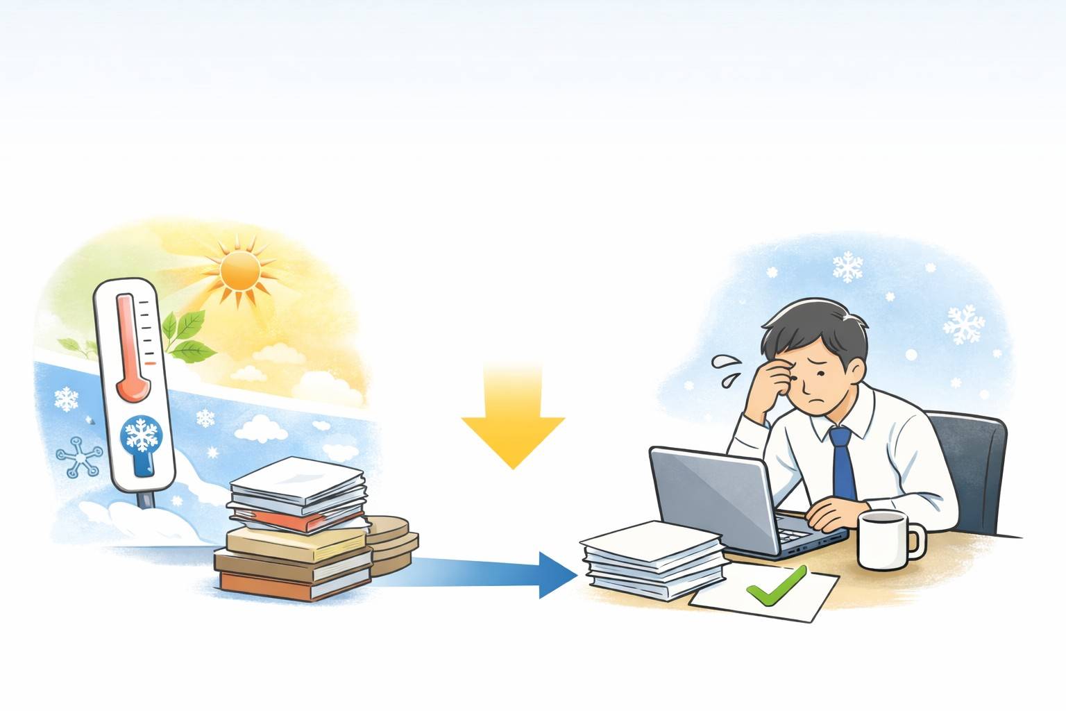 寒暖差で体調が悪い中、仕事に向き合う男性のイラスト