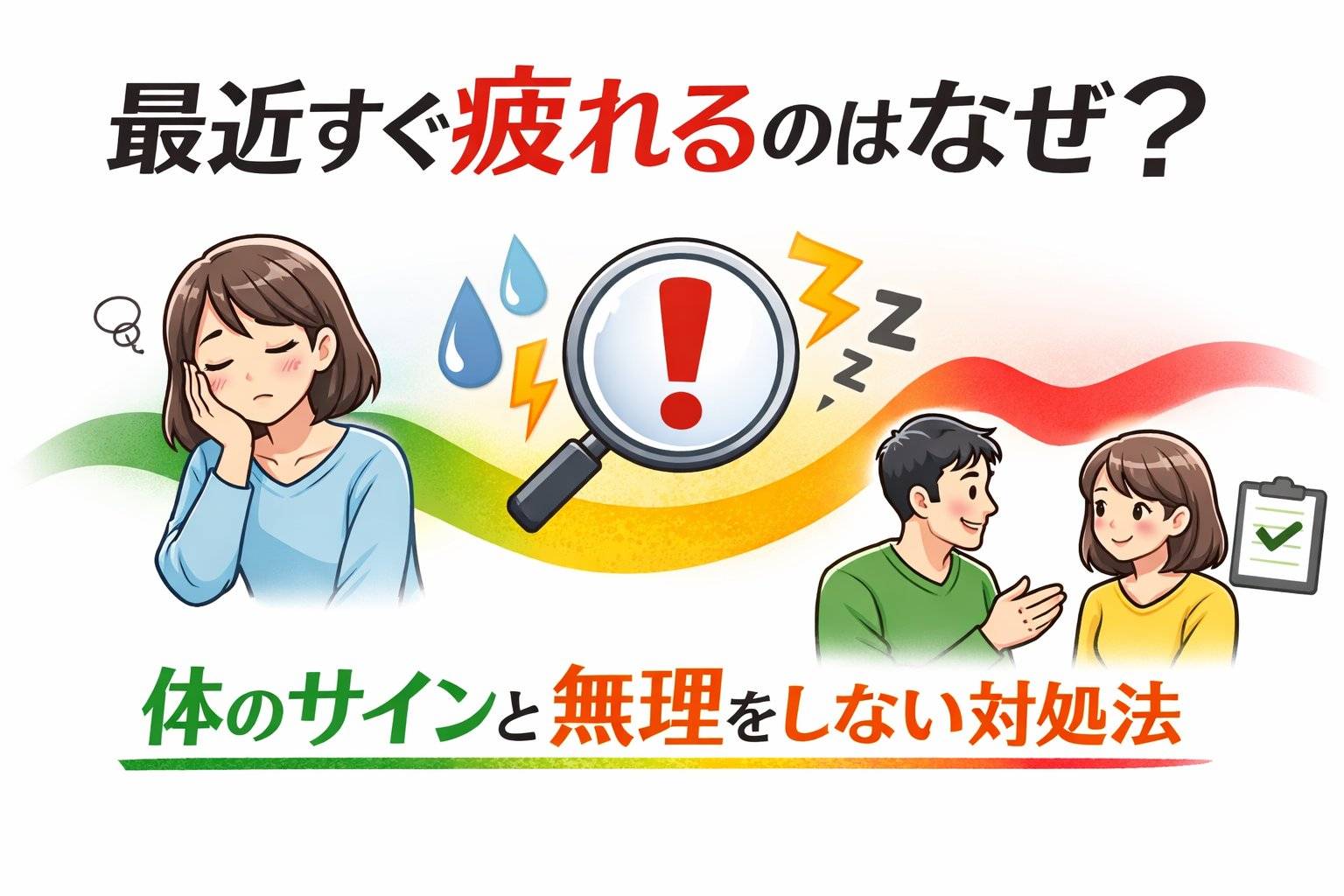 疲れた様子の女性とサインを示すアイコン、対処を相談する人物が描かれた、疲れやすさの原因と無理をしない対処法を表したイラスト。