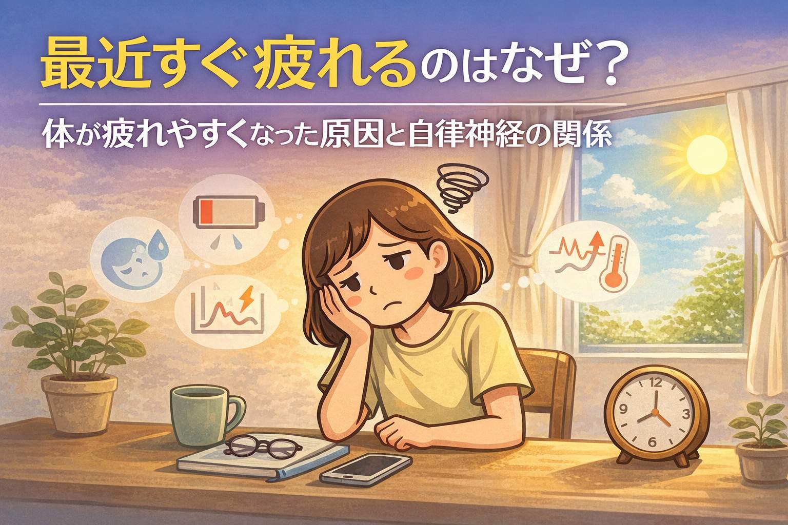 最近すぐ疲れると感じて悩む女性のイメージ。体が疲れやすくなった原因や自律神経との関係を表したイラスト
